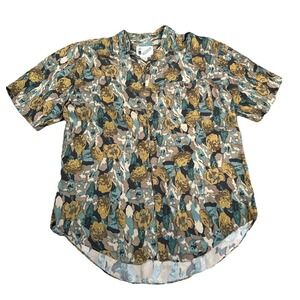 Vintage Goouch Silk Shirt Button Up Art Abstract SZ Medium Green Brown Deco